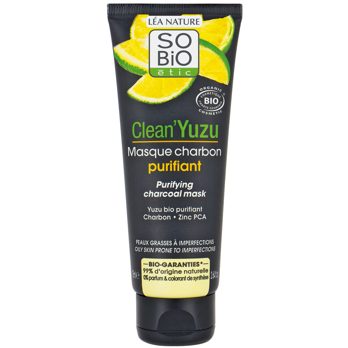 Masque charbon purifiant bio - Clean'Yuzu - Peaux grasses à imperfections - 75 ml