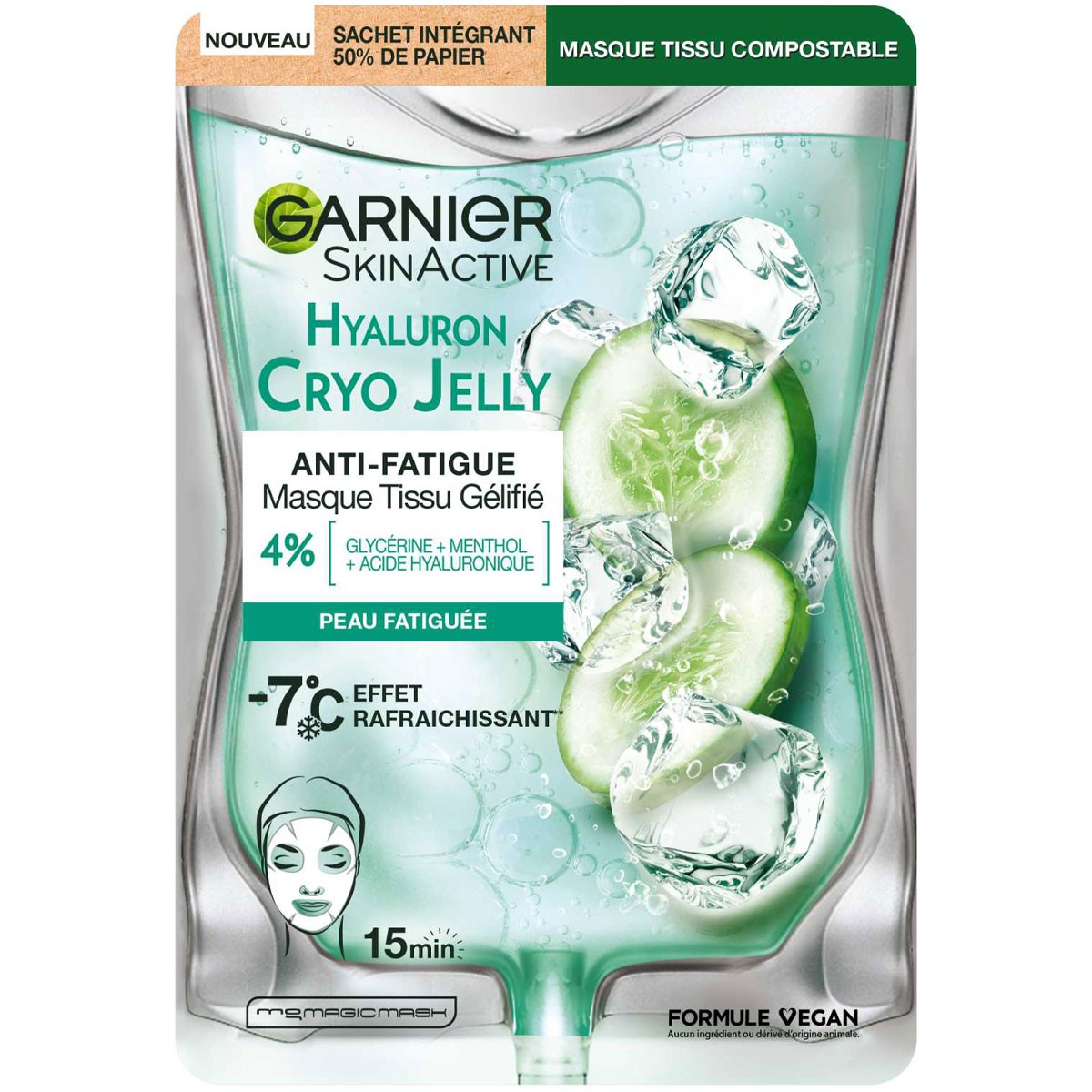 Masque en tissu anti-fatigue - CryoJelly - Glycérine & acide hyaluronique - Visage - 1 unité 