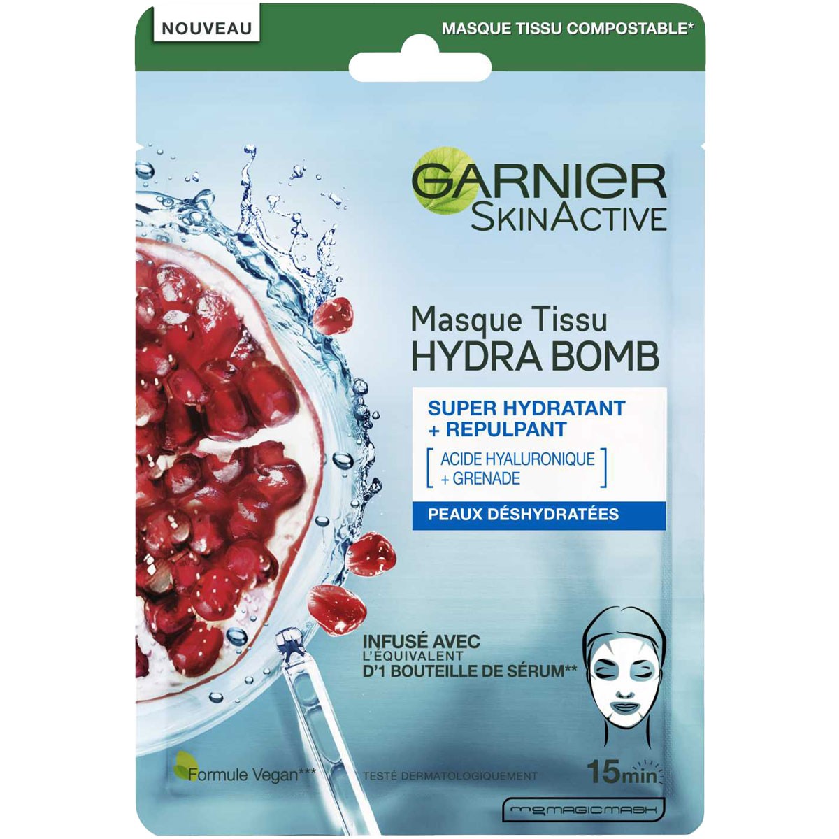 Masque en tissu hydratant & repulpant - Grenade & acide hyaluronique - Peaux déshydratées - 1 unité