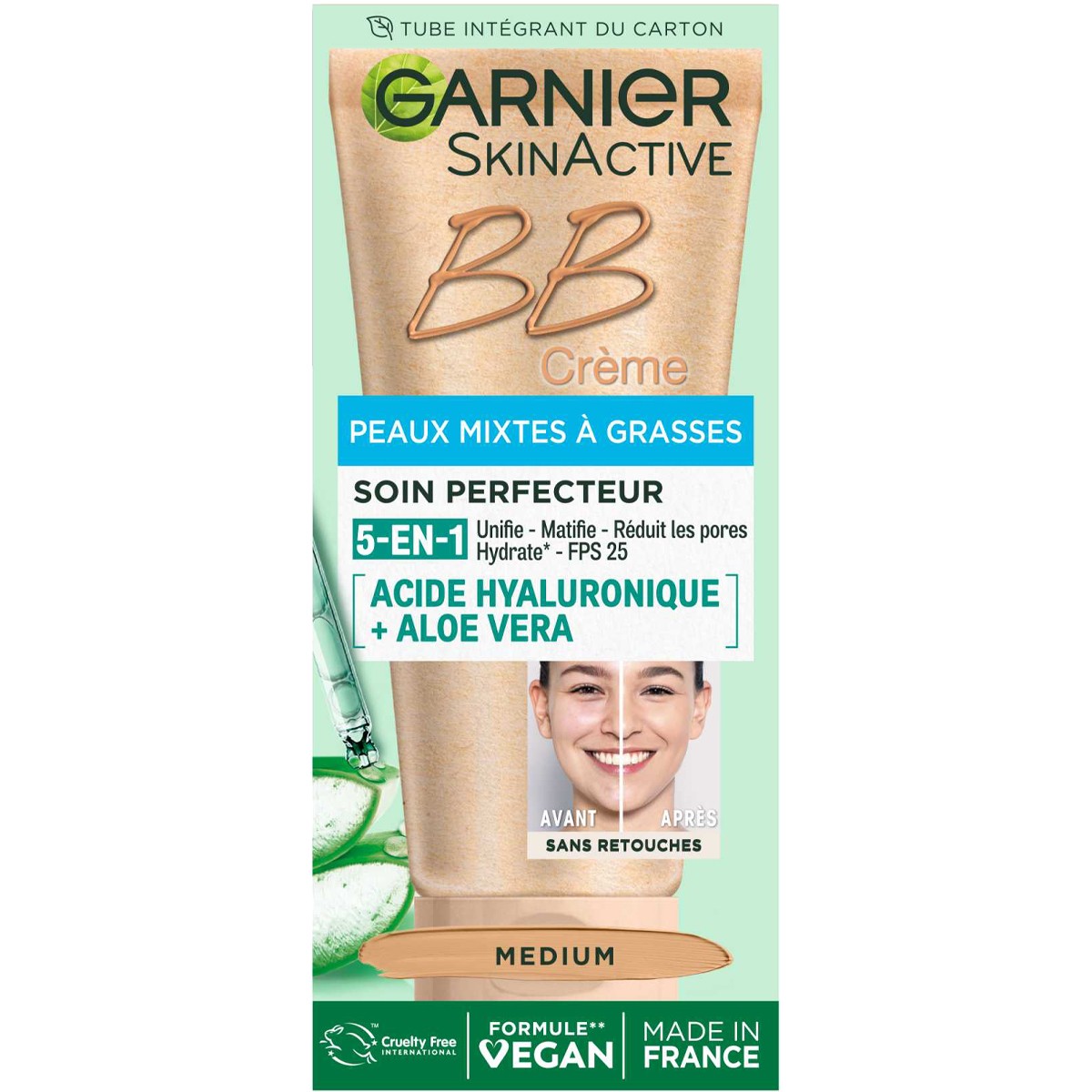 BB crème matfiante SPF 25 - Acide hyaluronique & aloe vera - Medium - Peaux mixtes à grasses - 50 ml