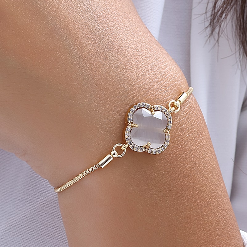 Bracelet trèfle - Laiton plaqué or, pierres d'oeil de chat  zircon - Blanc 