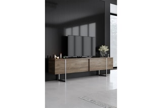 $Meuble TV 2 abattants - Imitation noyer et argenté