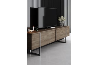 $Meuble TV 2 abattants - Imitation noyer et argenté