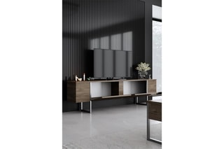 $Meuble TV 2 abattants - Imitation noyer et argenté