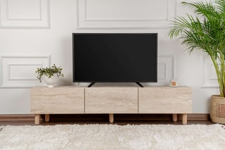 $Meuble TV 3 portes Alvin - Pieds en bois - 180 x 42 x 31,4 cm