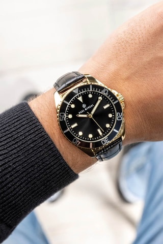 Montre à quartz en cuir et plaqué ion or jaune - Noir et doré - Paul McNeal