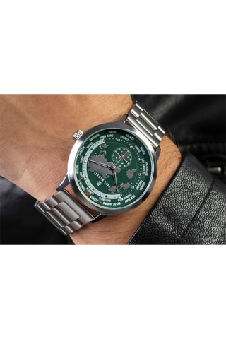 Montre à quartz en acier - GMT - Argenté et vert - Paul McNeal