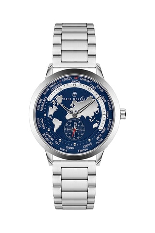 Montre à quartz en acier - GMT - Argenté et bleu marine - Paul McNeal