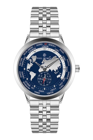 Montre à quartz en acier - GMT - Argenté et bleu marine - Paul McNeal