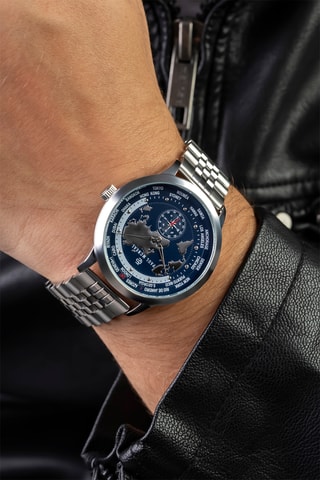 Montre à quartz en acier - GMT - Argenté et bleu marine - Paul McNeal