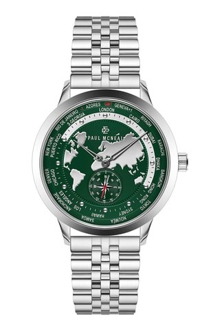 Montre à quartz en acier - GMT - Argenté et vert - Paul McNeal