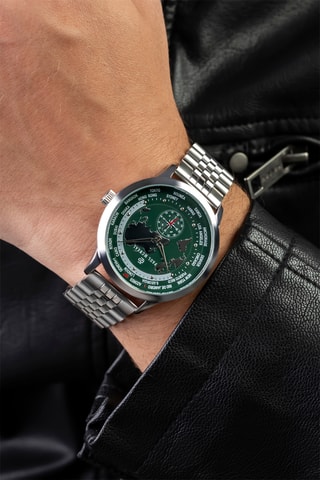Montre à quartz en acier - GMT - Argenté et vert - Paul McNeal