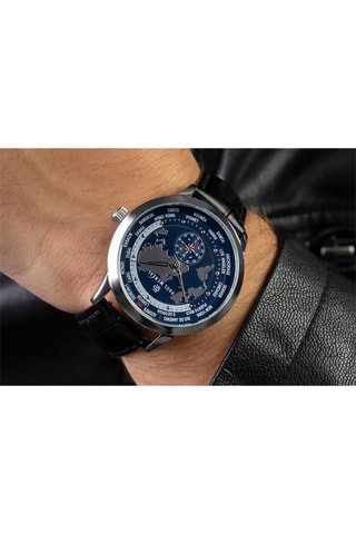 Montre à quartz en cuir - GMT - Noir et argenté - Paul McNeal