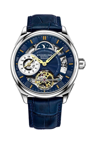 Montre automatique en cuir Legacy - Fonction GMT et indicateurs des phases de la lune - Bleu marine et argenté