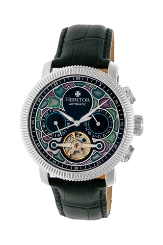 Montre automatique en cuir Aura - Noir et argenté