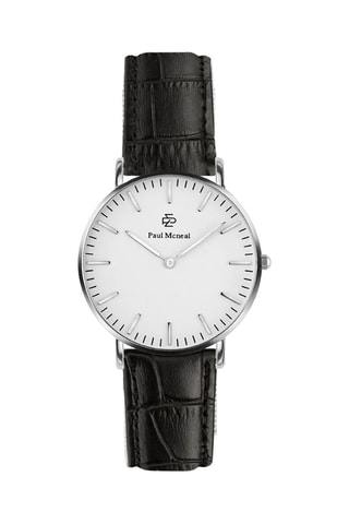 Montre à quartz en cuir de veau - Argenté et noir - Paul McNeal