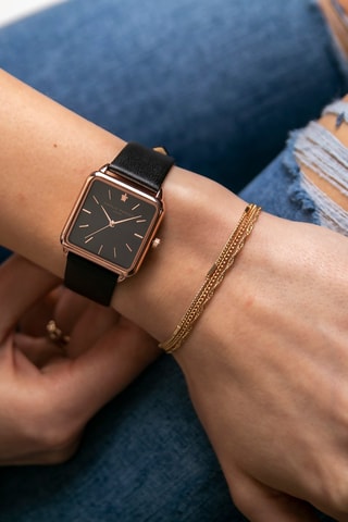 Montre à quartz en cuir Night Plaza - Noir et doré rose