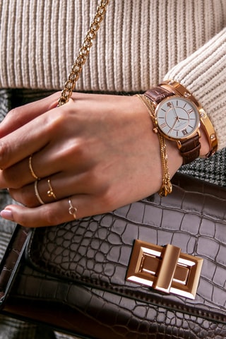Montre à quartz en cuir Petite Classique - Marron et doré rose