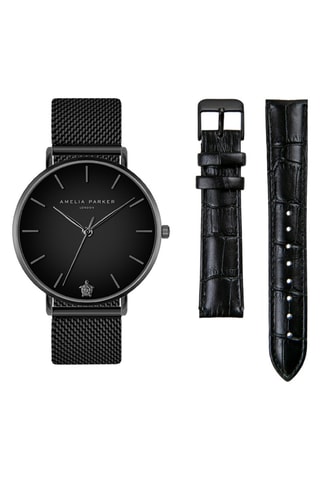 Coffret montre à quartz et 2 bracelets en cuir et en acier