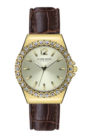 Montre à quartz en cuir de veau et zircons Kensington - Marron et doré