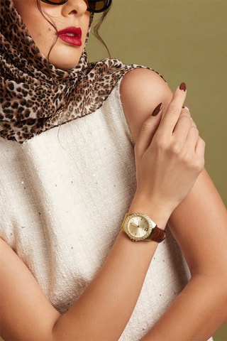 Montre à quartz en cuir de veau et zircons Kensington - Marron et doré