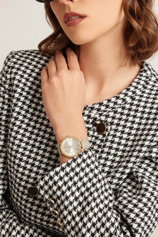 Montre à quartz en cuir de veau et zircons Porcelain - Gris foncé et doré