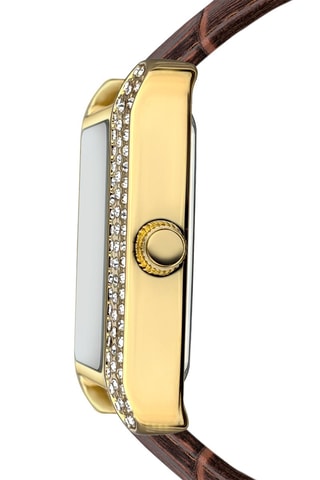 Montre à quartz en cuir de veau et zircons - Marron et doré