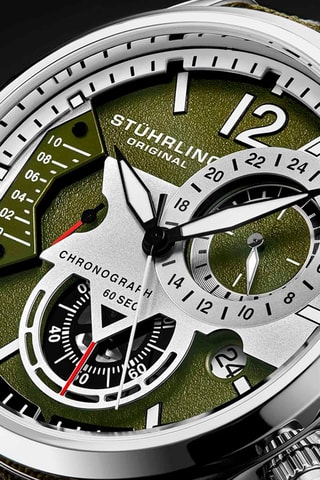 Montre à quartz en cuir et tissu nato Aviator - Chronographe - Kaki et argenté