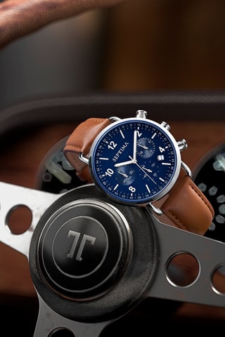 Montre à quartz en cuir - Chronographe - Camel et argenté