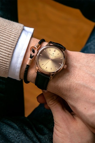 Coffret montre à quartz en plaqué ion or rose et cuir et bracelet en cuir Lugano