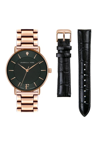Coffret montre à quartz et bracelets en acier et cuir