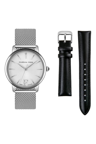 Coffret montre à quartz en plaqué ion, diamant et 2 bracelets en acier et en cuir
