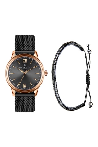 Coffret montre à quartz en acier et bracelet en cuir
