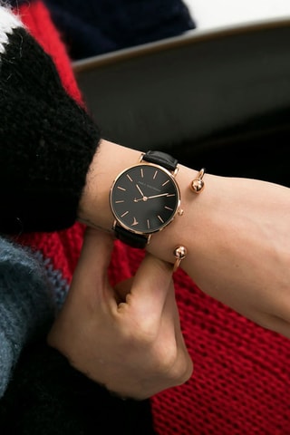 Montre à quartz en cuir - Noir et doré rose - Emily Westwood
