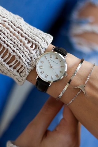 Montre à quartz en cuir  -  Noir et argenté - Emily Westwood