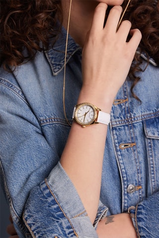 Montre à quartz en cuir et nacre - Blanc et doré