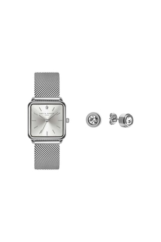 Coffret montre à quartz et boucles d'oreilles en acier et cristal véritable - Argenté