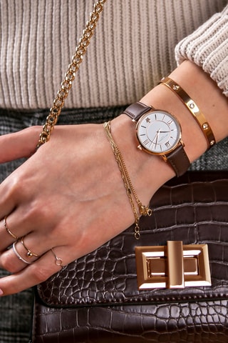 Montre à quartz en cuir Petite Classique - Marron et doré rose
