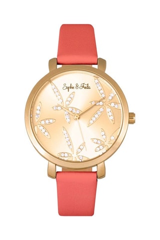 Montre à quartz en cuir ornée de cristaux Swarovski Key West - Corail et doré