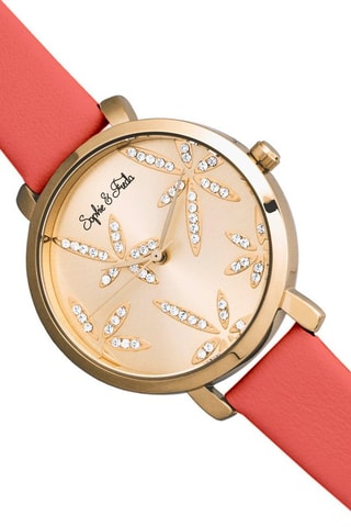 Montre à quartz en cuir ornée de cristaux Swarovski Key West - Corail et doré