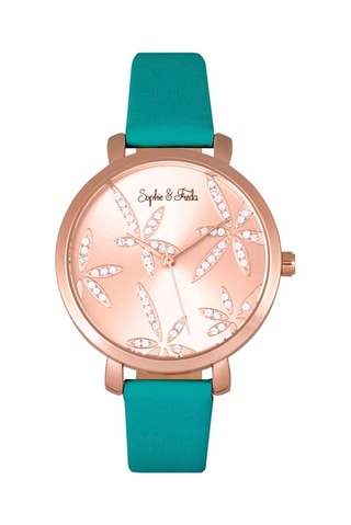 Montre à quartz en cuir ornée de cristaux Swarovski Key West - Turquoise et doré rose