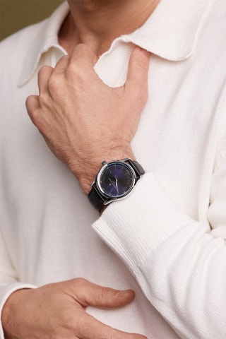Montre à quartz en cuir - Noir et argenté