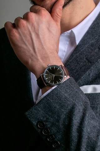 Montre à quartz en cuir - Marron et argenté