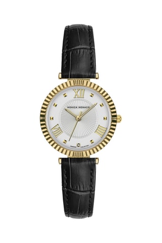 Montre à quartz en cuir et diamant - Noir et doré - Monica Monaco