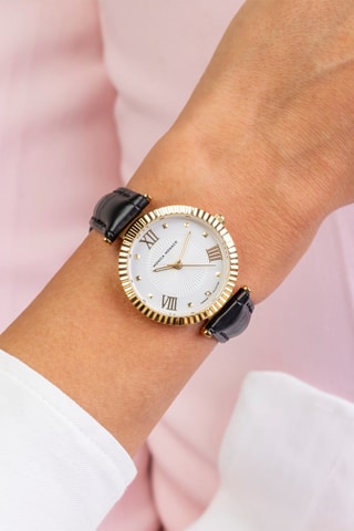 Montre à quartz en cuir et diamant - Noir et doré - Monica Monaco