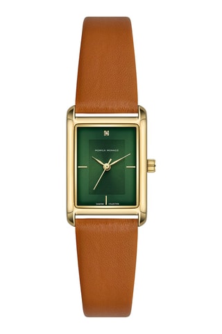 Montre à quartz en cuir et diamant - Marron et doré - Monica Monaco