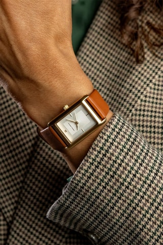 Montre à quartz en cuir et diamant - Marron et doré - Monica Monaco