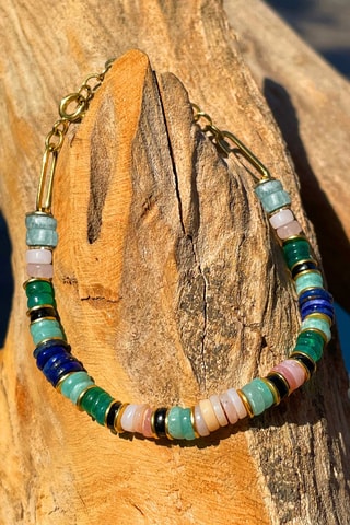 Bracelet doré à l'or fin jaune - Onyx, amazonite, lapis-lazuli et opale