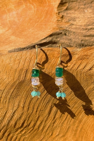 Boucles d'oreilles dorées à l'or fin jaune - Pierre de lune, amazonite et onyx