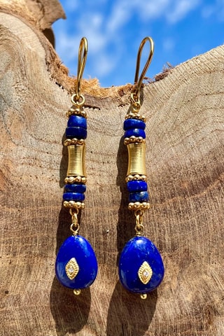 Boucles d'oreilles dorées à l'or fin jaune - Lapis-lazulis et zircons cubiques